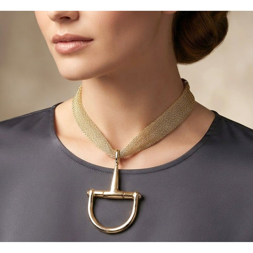Gold Horse Bit Equestrian Stirrup Pendant Bold Mesh Necklace Statement Jewelry